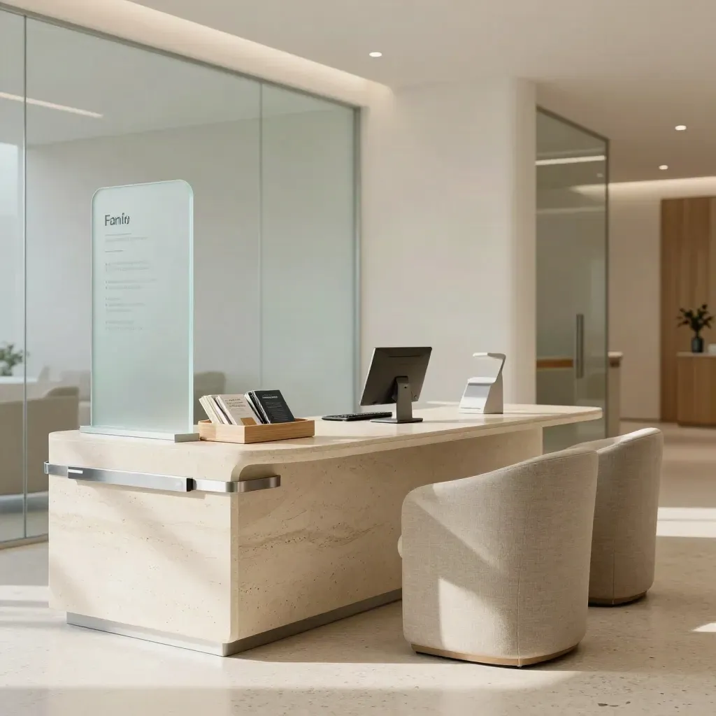 Modern clinic reception with stone desk, glass wayfinding and waiting chairs