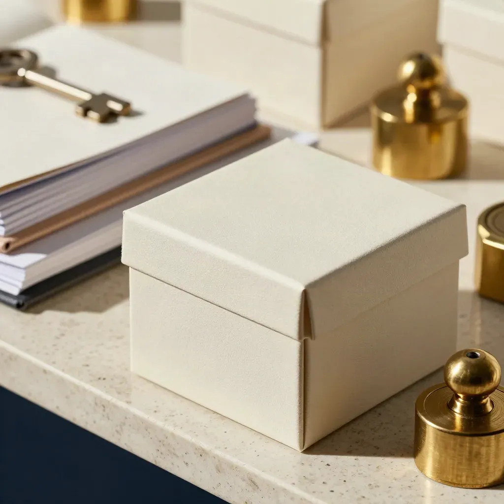Macro still life of card boxes, notebooks, dividers and brass paperweights on travertine.