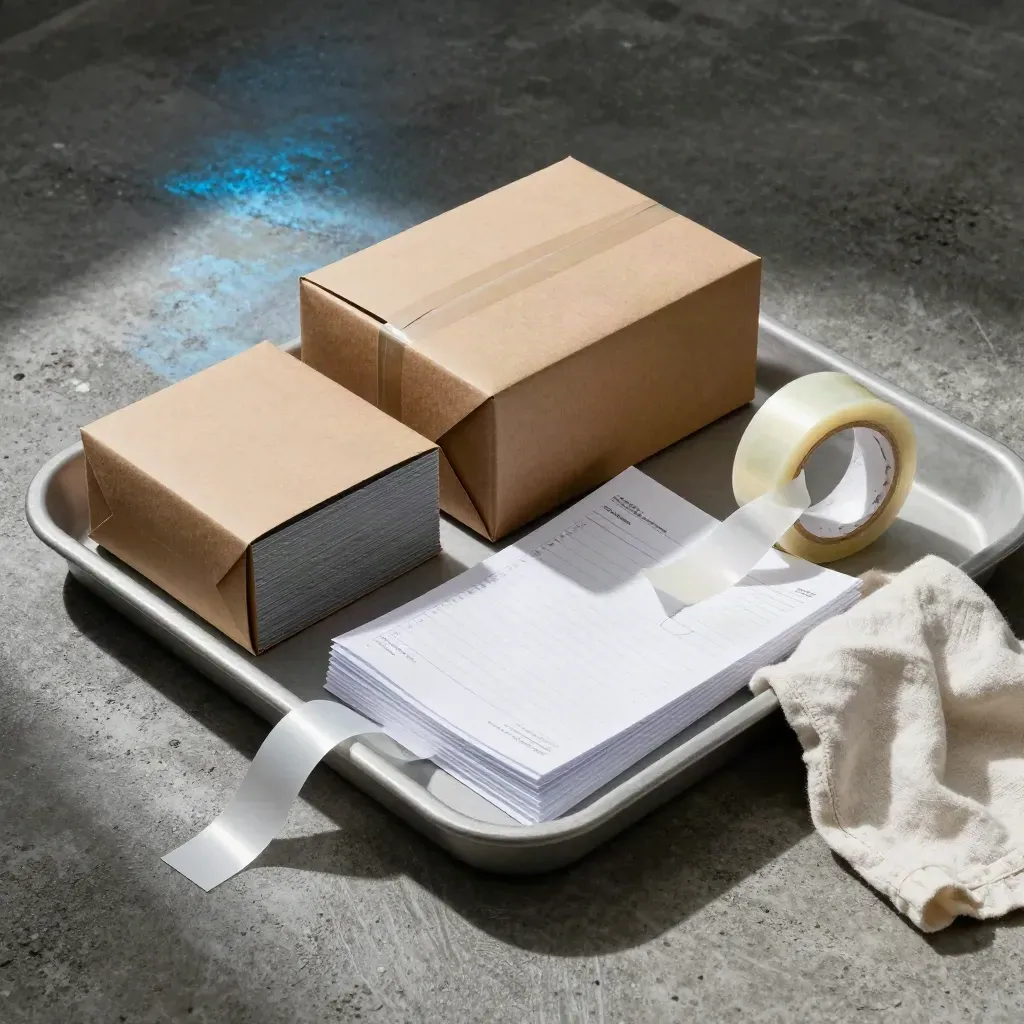 Launch tray with parcel boxes, folders, checklist sheets and mailing tape on stone.