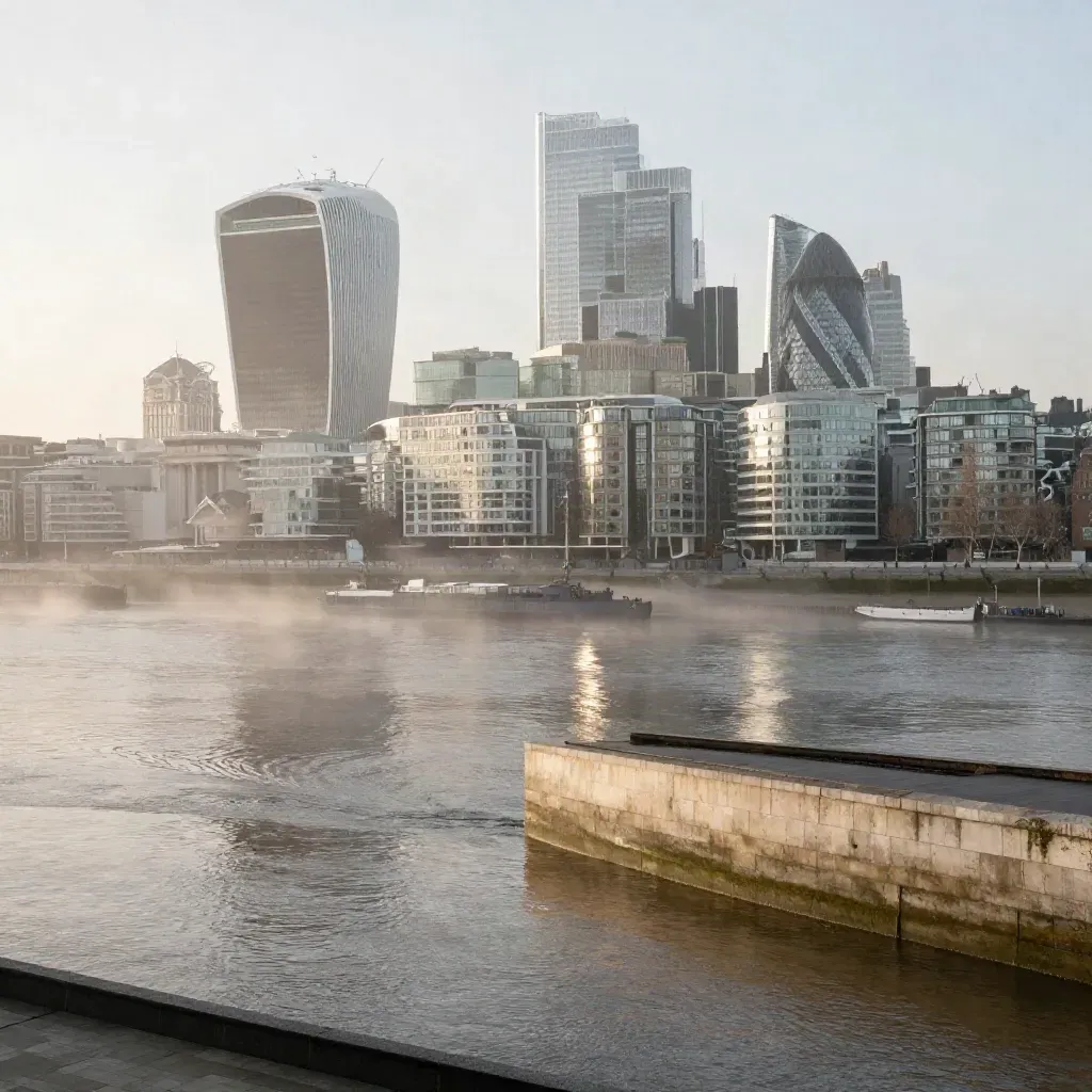 London skyline over the Thames with Canary Wharf rising through morning mist