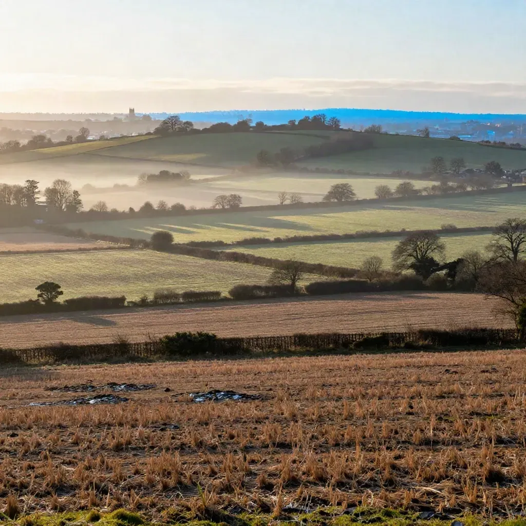 Misty Midlands fields with a distant city edge and faint spire at dawn.